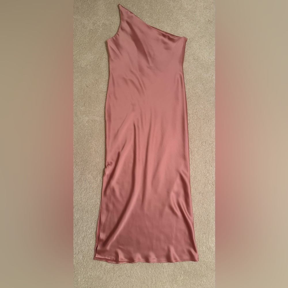 Dessy group Social Bridesmaids One shoulder maxi slip dress desert rose small